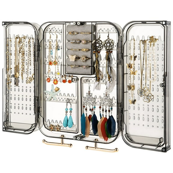Wall Mounted Jewelry Organizer Box, Hanging Earring Stud Organizer, Self-Adhesive No Drilling Transparent Jewelry Storage Cabinet 7.9" x 10.6", Bedroom Necklace Ring Wall Holder, Gift for Her