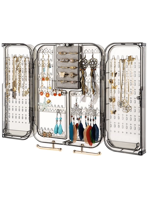 Wall Mounted Jewelry Organizer Box, Hanging Earring Stud Organizer, Self-Adhesive No Drilling Transparent Jewelry Storage Cabinet 7.9" x 10.6", Bedroom Necklace Ring Wall Holder, Gift for Her