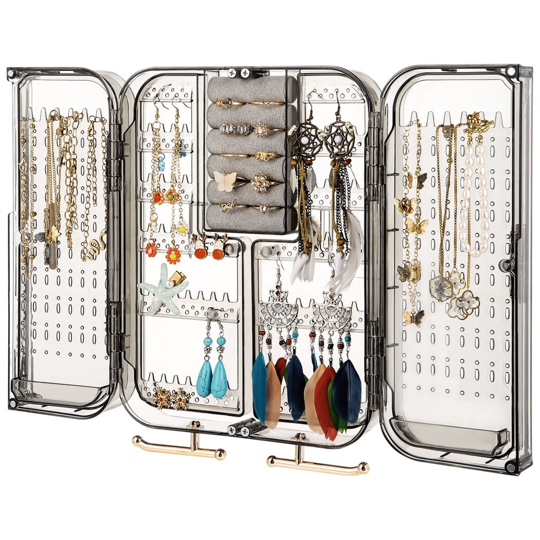 Wall Mounted Jewelry Organizer Box, Hanging Earring Stud Organizer, Self-Adhesive No Drilling Transparent Jewelry Storage Cabinet 7.9" x 10.6