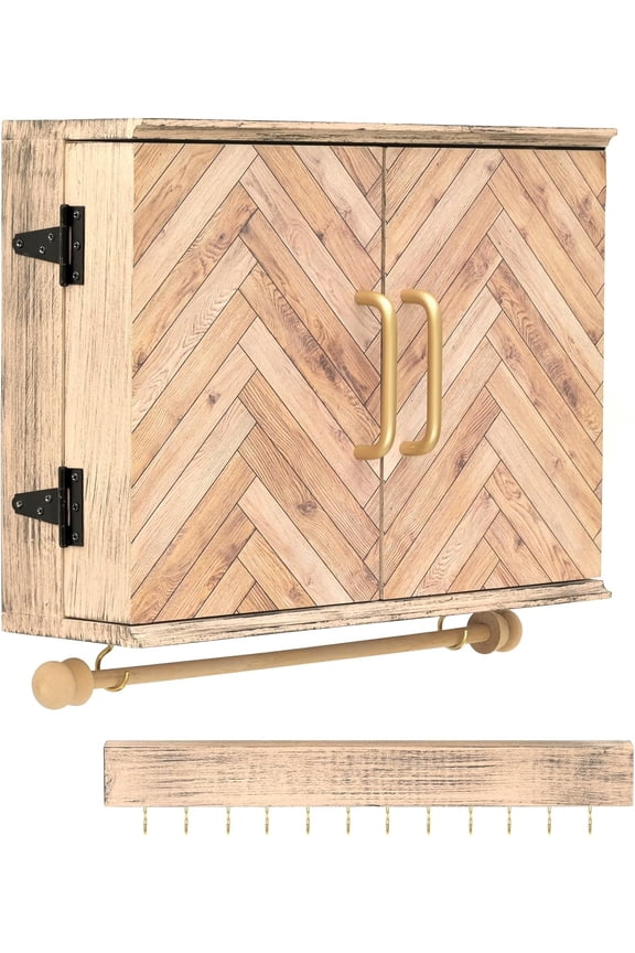 Wall Mounted Jewelry Organizer with Herringbone Wood Pattern. Jewelry holder for Necklaces, Earings, Bracelets, Ring Holder, and Accessories. Includes hooks for hanging jewelry - Brown