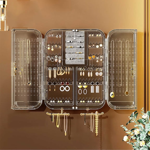 Wall Mounted Jewelry Organizer Necklace Earring Storage Box Transparent Hanging Cabinet Display Rack No Punch Jewelry Holder for Bedroom Closet Vanity Room Storage Organizer Decor
