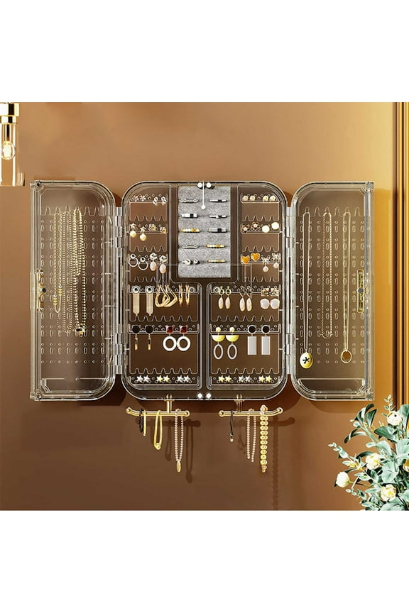 Wall Mounted Jewelry Organizer,No Punching Transparent Necklace Storage Box,Hanging Earring Ring Display Rack,Multifunctional,Space-Saving,Easy To Install,For Bedroom Bathroom Vanity,Decorative