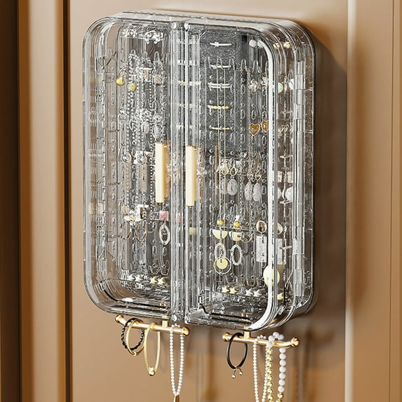 Wall-Mounted Jewelry Organizer, No Punch Transparent Necklace Storage Box, Earring and Ring Display Rack, Bedroom Hanging Jewelry Cabinet, Teen Birthday Gift