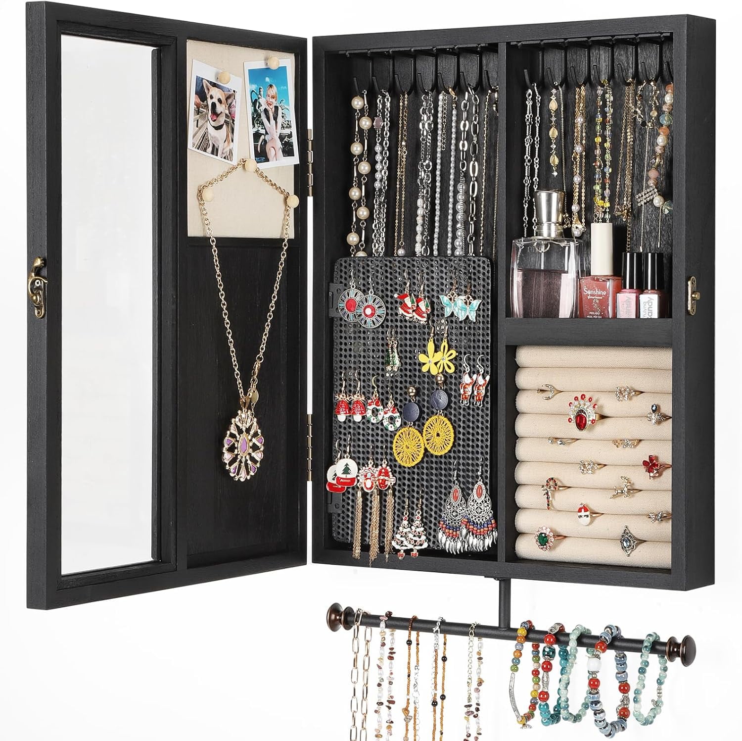 Wall Mounted Jewelry Organizer With Rustic Wood Large Space