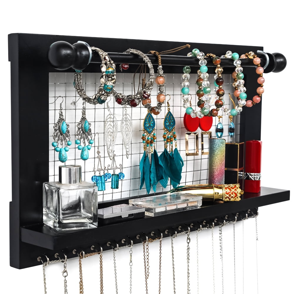 Rustic Wall Mounted Jewelry Organizer With Bracelet Rod & 16 Hooks - Dark Brown
