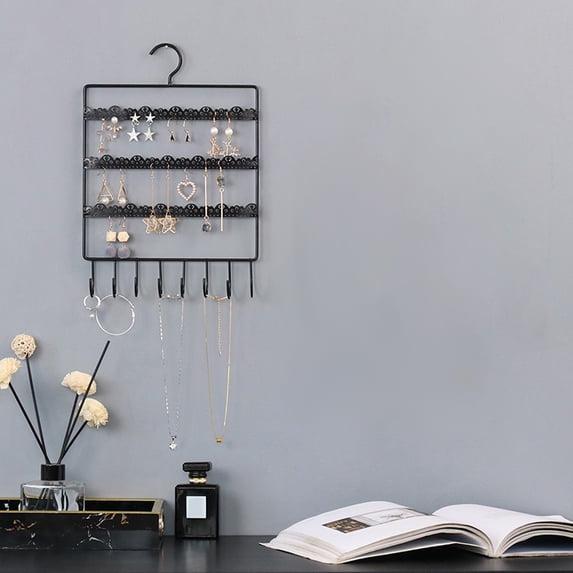 Wall-Mounted Jewelry Organizer Stand for Hanging Rings & Earrings, Metal Display Rack for Girls Room, Black Jewelry Storage Holder, 1 Piece