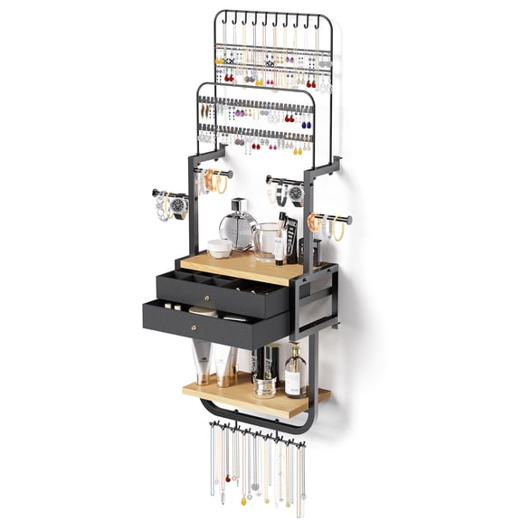 Wall Mounted Jewelry Organizer and Storage, Wall Hanging Jewelry Organizer with 2 Drawers, Large Jewelry Holder Organizer Display for Earring, Necklace, Bracelet, Perfume