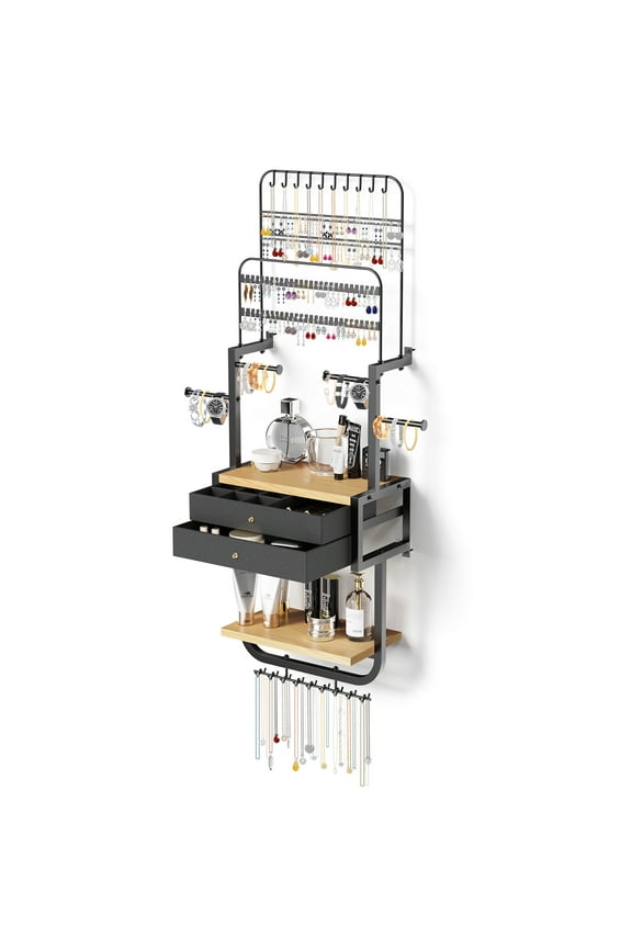 Wall Mounted Jewelry Organizer and Storage, Wall Hanging Jewelry Organizer with 2 Drawers, Large Jewelry Holder Organizer Display for Earring, Necklace, Bracelet, Perfume