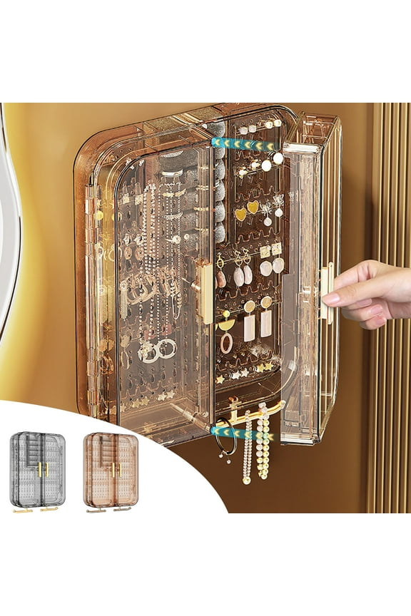 Wall Mounted Jewelry Organizer with Velvet Ring Notch & Hanging Hooks, Transparent Necklace Storage Cabinet for Earrings Rings, No Punching Adhesive, Gray/Brown, 7.87x8.26in, Bedroom Decor Rack