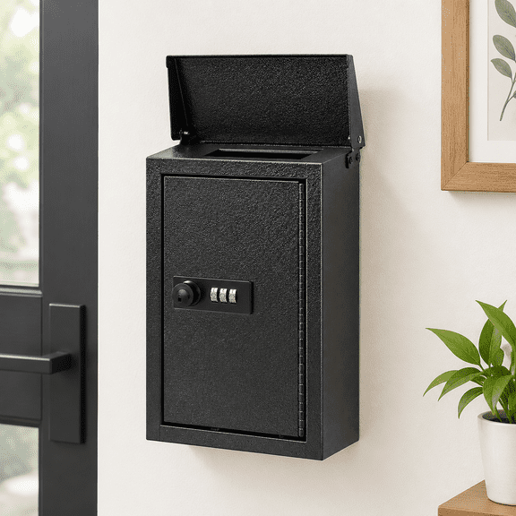 Wall-Mounted Key Drop Box with Combination Lock, Metal Mailbox, Black