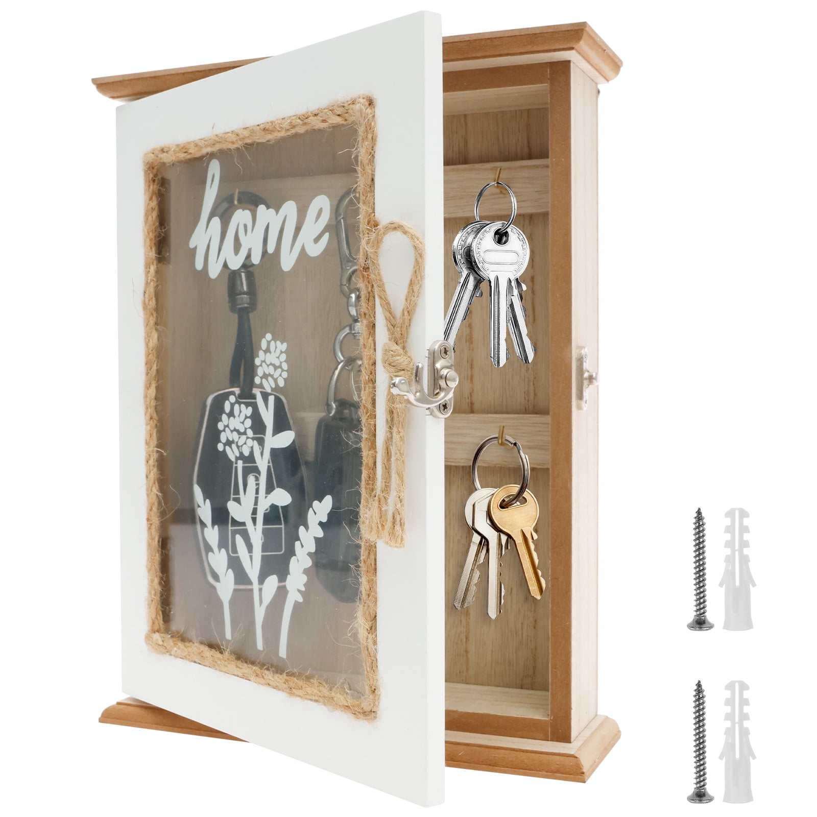 Wall Mounted Key Holder Box Decorative Wooden Key Cabinet with 6 Hooks ...