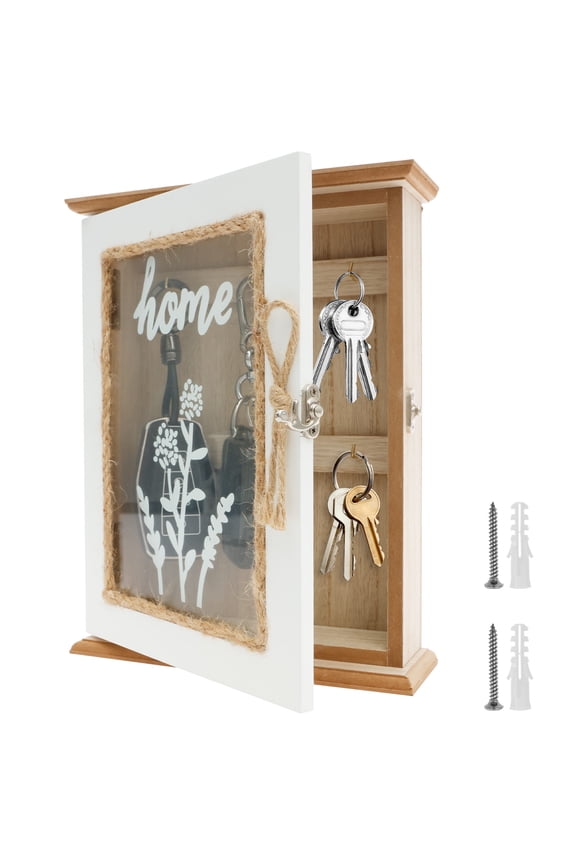 Wall Mounted Key Holder Box Decorative Wooden Key Cabinet with 6 Hooks Easy Install for Entrance Bedroom Living Room