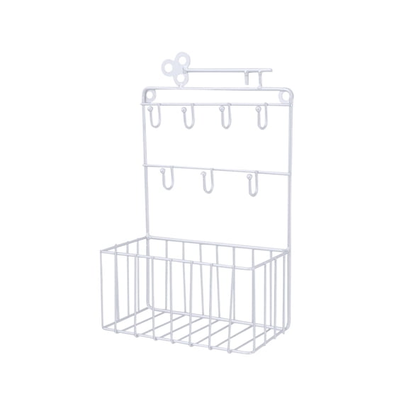 Wall Mounted Key Holder Iron Hook Rack with Storage Basket Modern Entryway Organizer for Keys Mail Hanger with 7 Hooks and Wire Basket for Living Room Kitchen Office Home Organization