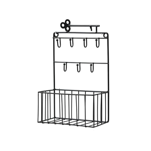 Wall Mounted Key Holder Iron Hook Rack with Storage Basket Modern Entryway Organizer for Keys Mail Hanger with 7 Hooks and Wire Basket for Living Room Kitchen Office Home Organization