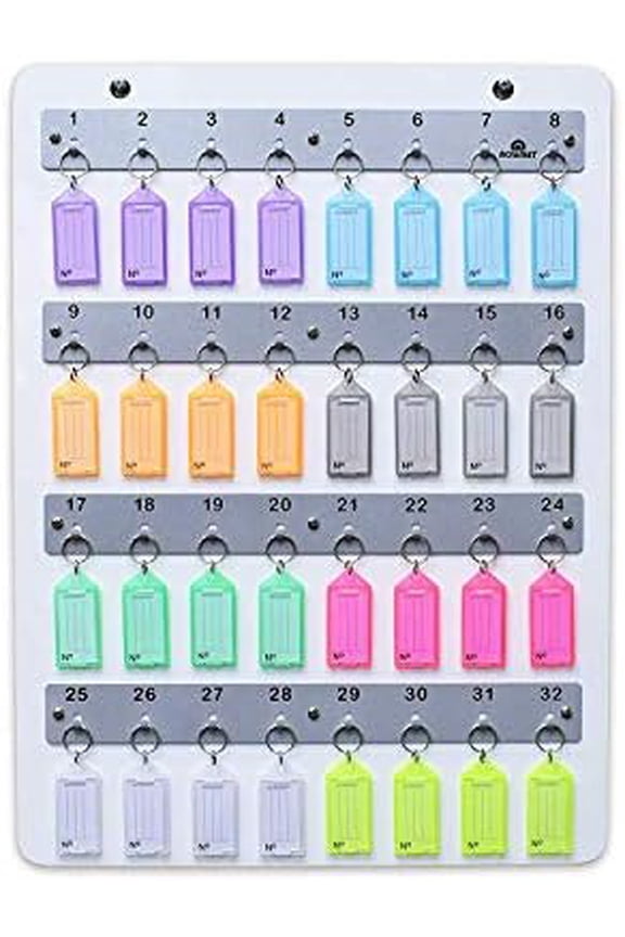 Wall-Mounted Key Holder   White Wood Board Key Stand Organizer with 32 Numbered Hooks  Includes 32 Plastic Key Tags with Metal Rings & Labels$$Office