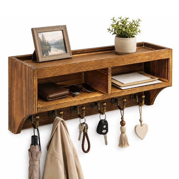 Wall Mounted Key Holder and Mail Organizer with 6 Hooks,Entryway Storage Shelf with Box for Keys,Sunglasses,Wallet and Home Decor Organization