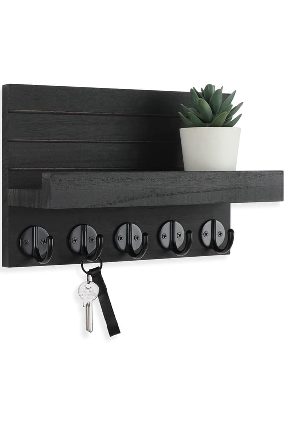 Wall Mounted Key Holder with Shelf, Decorative Mail Organizer with Large Hooks for Bags Coats Umbrella, Paulownia Wood Key Rack with Hardware