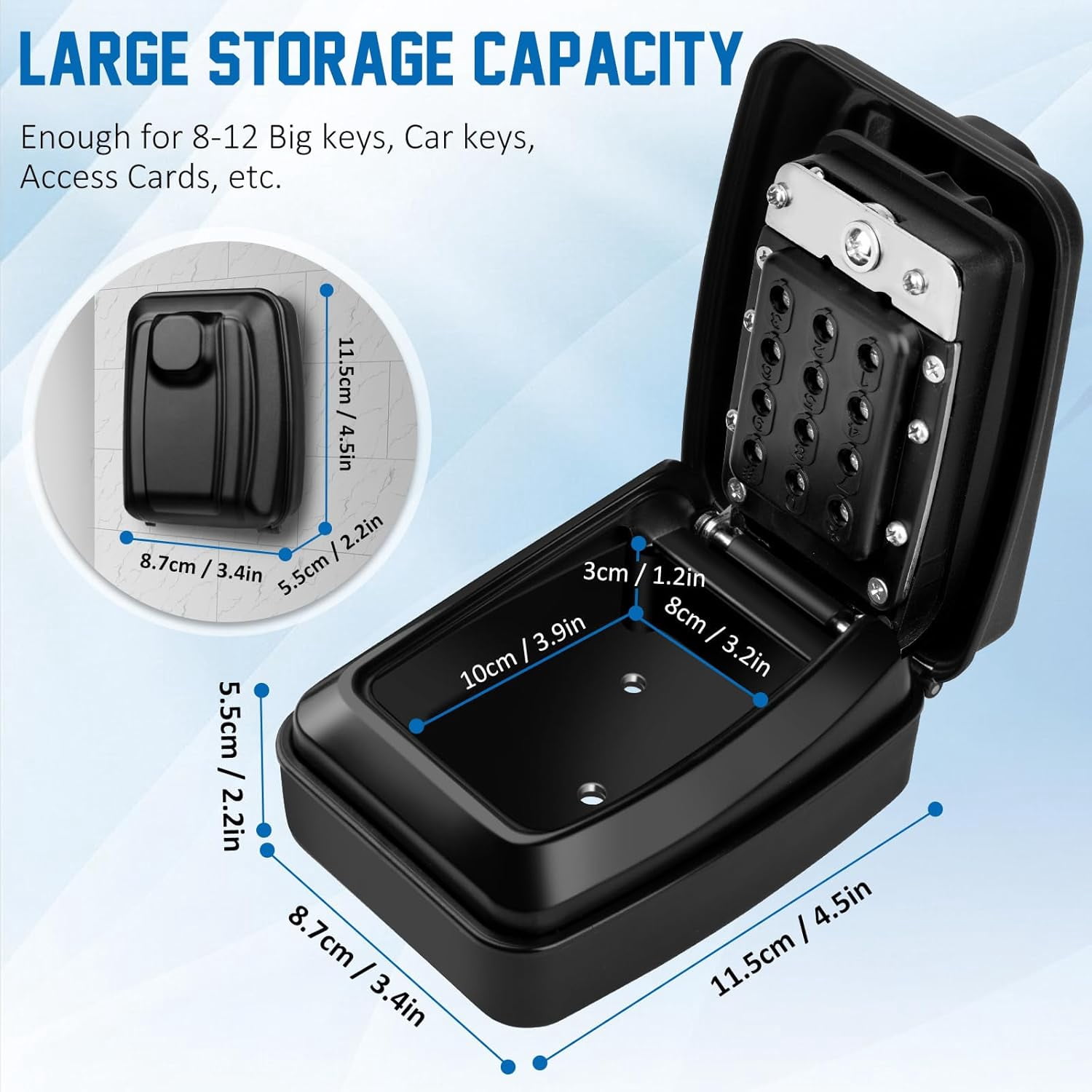 Wall Mounted Key Lock Box Waterproof 12 Digit Combination Security Lock with Weatherproof Cover for Home Garage Office