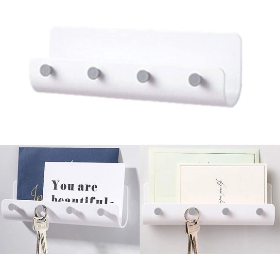 Wall-Mounted Key Organizer with Adhesive, 4 Hooks, No-Mark Design for Neat Key Storage, White SimpliKeys