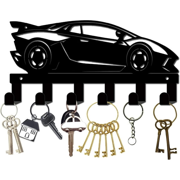 Wall Mounted Key Rack Metal Key Holder Organizer with 6 Hooks Decorative Car Shaped Design Black Towel Coat Hanger Rack Wall Art Decor for Entryway Living Room Bathroom 10.6 x 5 Inch 1set