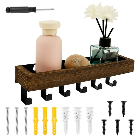 Wall Mounted Key Rack Shelf with Wood Tray and 6 Hook Versatile Wall Key Organizer for Hallway Entryway Bedroom Office