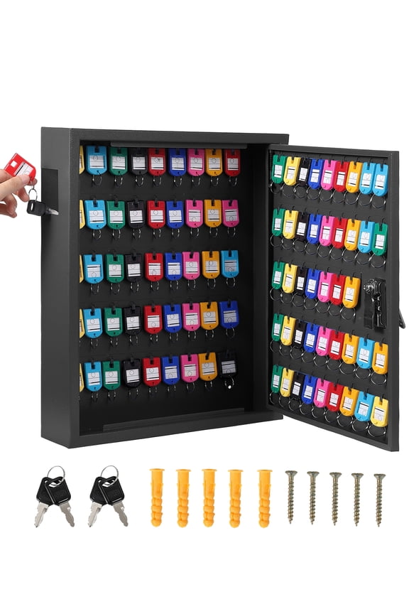 Wall-Mounted Key Storage Cabinet for Up to 100 Keys, Lockable Steel Organizer with Numbered Hooks and Color Tags for Office, Hotel, and Vehicle Keys