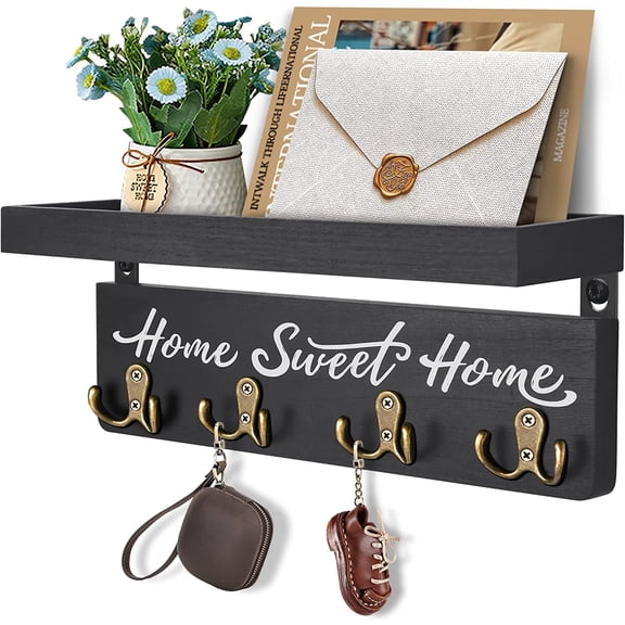 Wall-Mounted Key and Mail Holder, Wooden Key Rack with 4 Double Key Hooks, Rustic Home Decor for Entryway