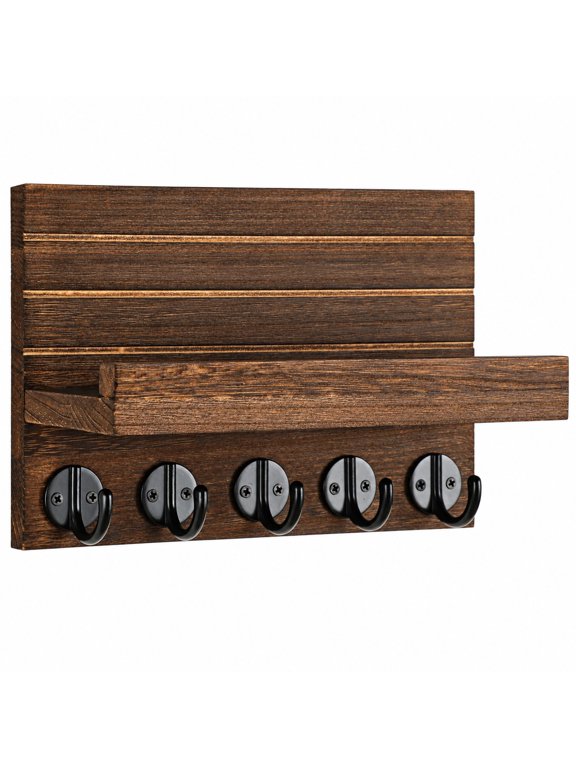 Wall-Mounted Key and Mail Holder with Shelf, Paulownia Wood Key Hanger with Hooks for Coats and Bags, Brown (9.8"W x 6.7"H x 4.2"D)