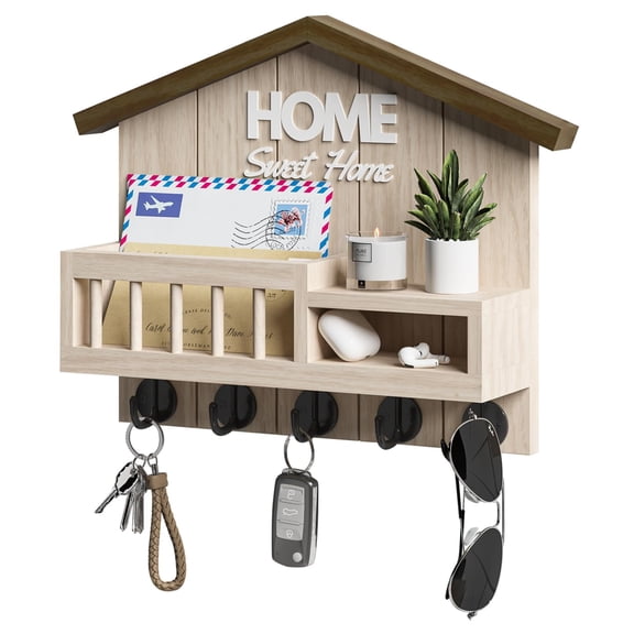 Wall Mounted Key and Mail Organizer with Shelf, White Wood Key Rack with 5 Hooks, Entryway & Front Door Wall Key Holder