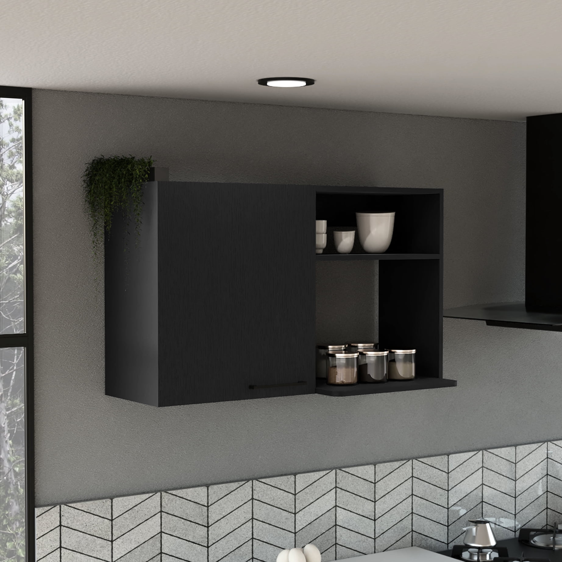Wall Mounted Kitchen Cabinet Design Piece - 3-4 Shelves, Multicolor, Particle Board, Metal Handles, Corner Unit, Space Element One Door Multicolor Shelving With Functional