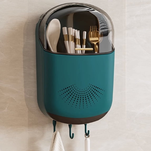 Wall-Mounted Kitchen Cutlery Drying Rack, Kitchen Utensil Holder, Cutlery Storage Box, Chopstick Holder with Lid, Hanging Holder for Kitchen Utensils, Spoons, Chopsticks