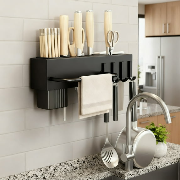 Wall-Mounted Kitchen Organizer - Knife & Utensil Holder with Hooks for Cooking Tools & Towels | Space-Saving Kitchen Storage Rack | Heavy-Duty, Easy Installation & Rust-Resistant (Black S)