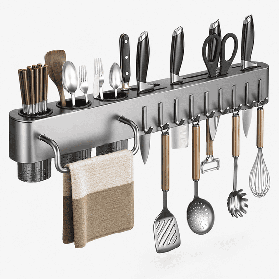 Wall Mounted Kitchen Organizer Rack Aluminum Knife Holder with Utensil Drying Cups and Towel Bar Multi-Functional Storage Shelf with Movable Hooks for Spatulas and Gadgets Space Saving Utensil Rack