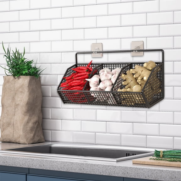 Wall Mounted Kitchen Spice Rack Organizer | Hanging Basket Shelf for Ginger, Garlic & Herbs | ABS Plastic | Black | Size L | 1-Piece Set