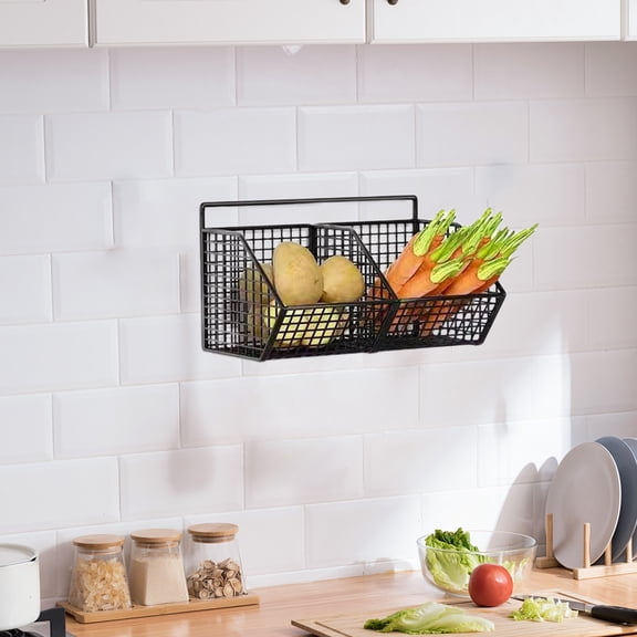 Wall-Mounted Kitchen Storage Basket,Black Metal Wires Organizer with 2 Sections,Space Saving Designs,Waterproof and Rustproof,Suitable for Ginger,Garlic and Other Ingredients Categorized(Black)