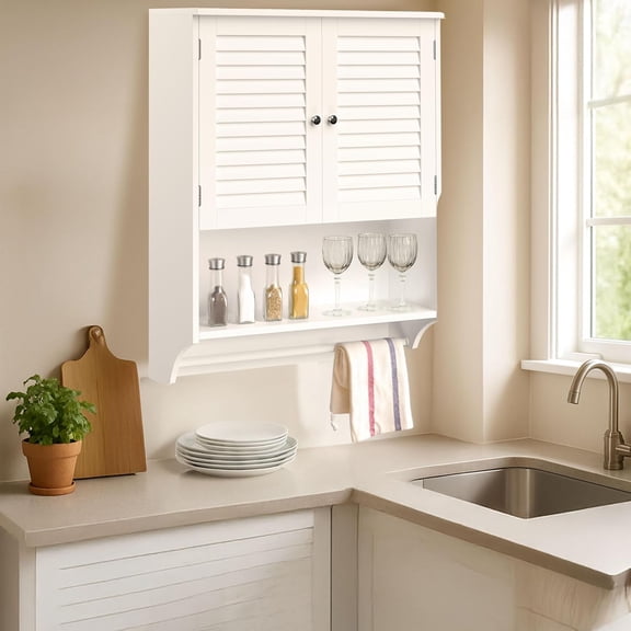 Wall Mounted Kitchen Storage Cabinets - Medicine Cabinet or Over-the-Toilet Shelf with Stylish Shutter Doors and Towel Bar (White)