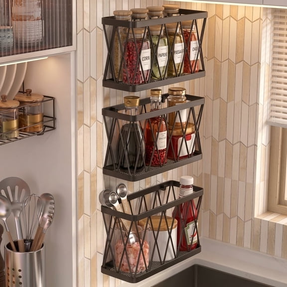 Huzeijin 3-Pack Adhesive Cabinet Door Organizers, Black Stainless Steel Wall Mounted Kitchen Storage Baskets for Tupperware Lids and Pantry Organization