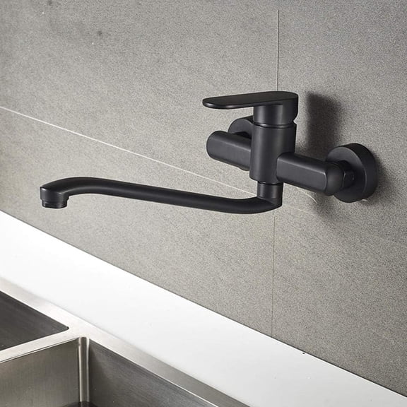 Wall Mounted Kitchen Taps Black Hot and Cold Kitchen Tap 360° Rotation Double Hole Brass Kitchen Sink Mixer Tap for Kitchen Bathroom-25Cm