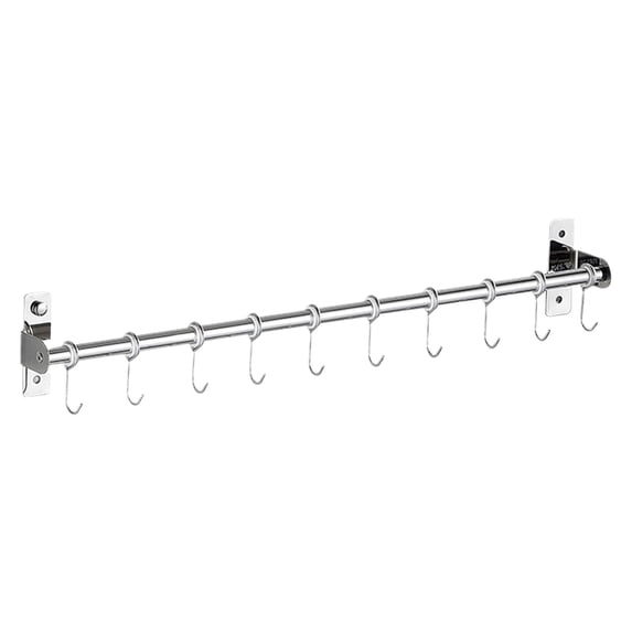 Wall Mounted Kitchen Utensil Rack Holder, No Drill 304 Stainless Steel Storage Rail with 6 Hooks, Space Saving Organizer for Utensils, 30cm