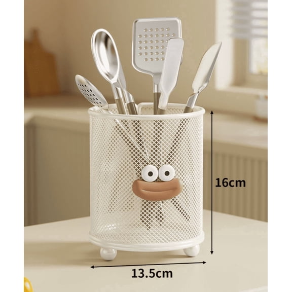 Wall-Mounted Kitchen Utensil Rack with Built-In Cutlery Holder, Spoon Drainage Grid, and No-Installation Design