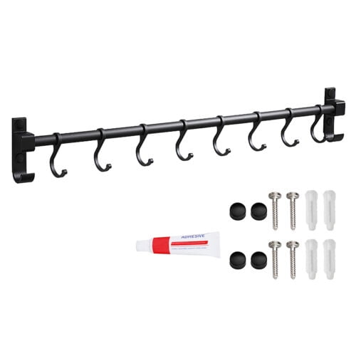 Wall Mounted Kitchen Utensils Pan Pot Hanging Rail Rack 4/6/8 Hooks Hanger Shelf