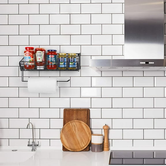 Wall Mounted Kitchen Wire Basket Spice Rack Storage Organizer & Towel Paper Bar