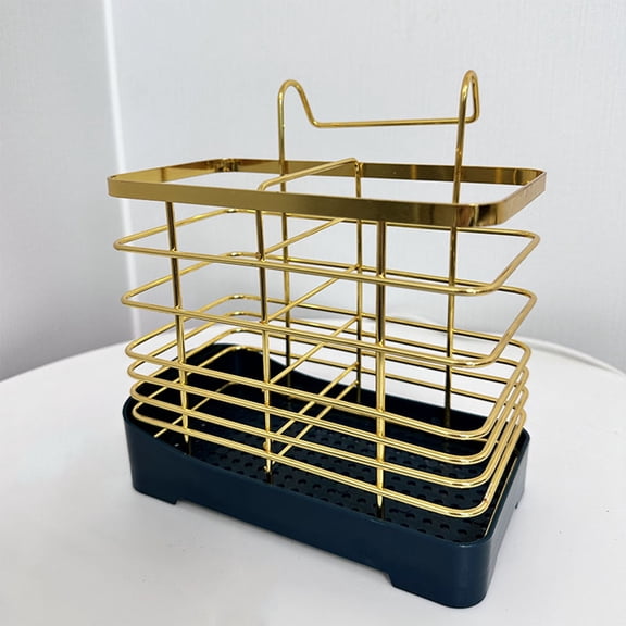 Wall Mounted Knife And Fork Basket, Wenini Iron Kitchen Utensil Storage Rack Multifunction, 18x15.5x8.5cm Spoon Chopsticks Holder for Kitchen Bathroom Counter, Gold