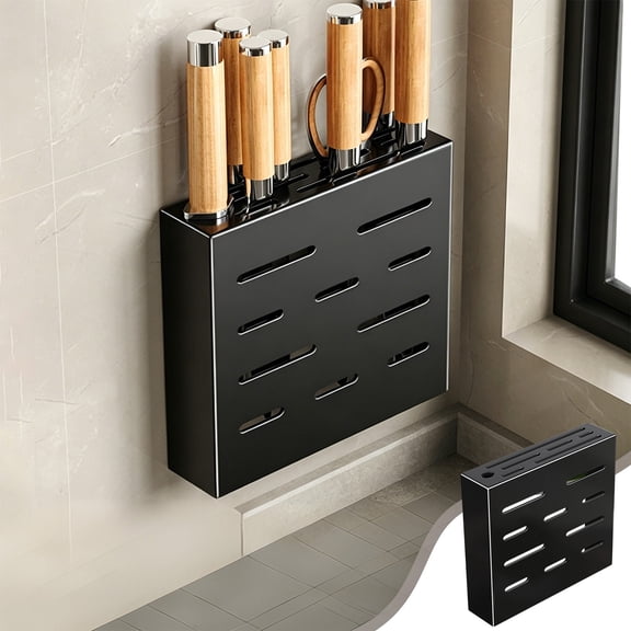 Wall Mounted Knife Holder, No Drill Kitchen Utensil Organizer, Ventilated Black Stainless Steel Rack, Space Saving Wall Storage for Kitchen, Patio, and Utility Room