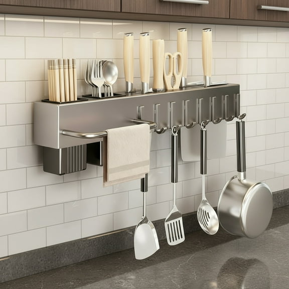 Wall Mounted Knife Holder with Utensil Hooks, Magnetic Kitchen Storage Rack for Knives Chopsticks Spoons, No Drill Installation, Space Saving Organizer for Kitchen Counter Cabinet Wall