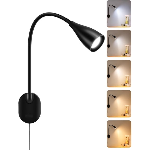 Wall-Mounted LED Bedside Reading Light with USB Charging Port, 10-Level Dimmable & Adjustable 5 Color, Plug-in Adhesive Night Lamp for Books in Bed, Eye-Caring Bedroom Lighting