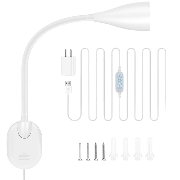 Wall-Mounted LED Bedside Reading Light with USB Charging Port, 10-Level Dimmable & Adjustable 5 Color, Plug-in Adhesive Night Lamp for Books in Bed, Eye-Caring Bedroom Lighting,White