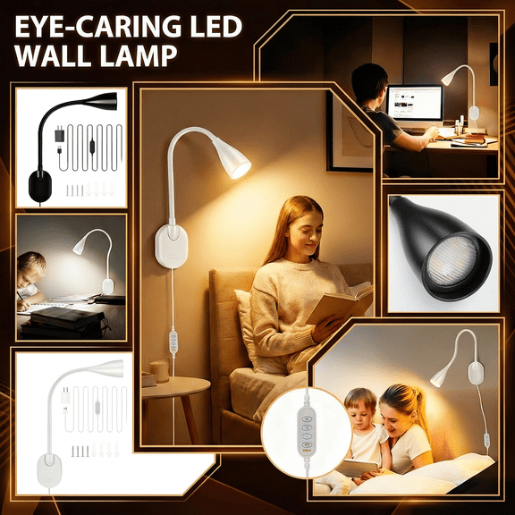 Wall-Mounted LED Bedside Reading Light with USB Charging Port, 10-Level Dimmable & Adjustable 5 Color, Plug-in Adhesive Night Lamp for Books in Bed, Eye-Caring Bedroom Lighting