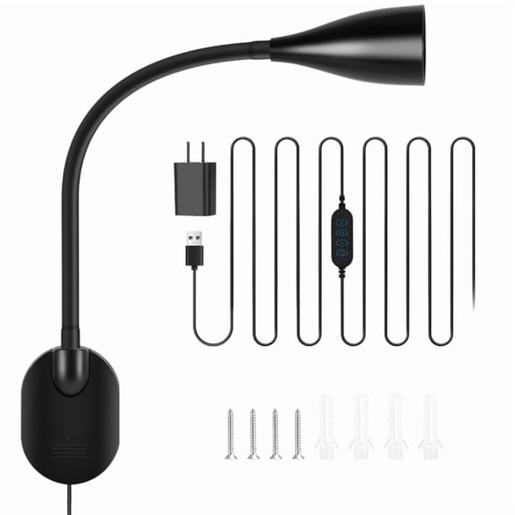 Wall-Mounted LED Bedside Reading Light with USB Charging Port, 10-Level Dimmable & Adjustable 5 Color, Plug-in Adhesive Night Lamp for Books in Bed, Eye-Caring Bedroom Lighting,Black