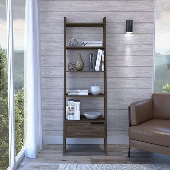 Wall-Mounted Ladder Bookcase with Drawer and 5 Open Shelves, Dark Walnut Finish for Living Room Study